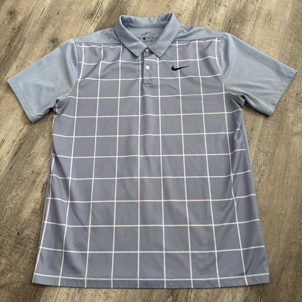 NIKE Polo Shirt Mens Medium Dri-Fit Blue Grid Check Golf AJ5485-460 Performance